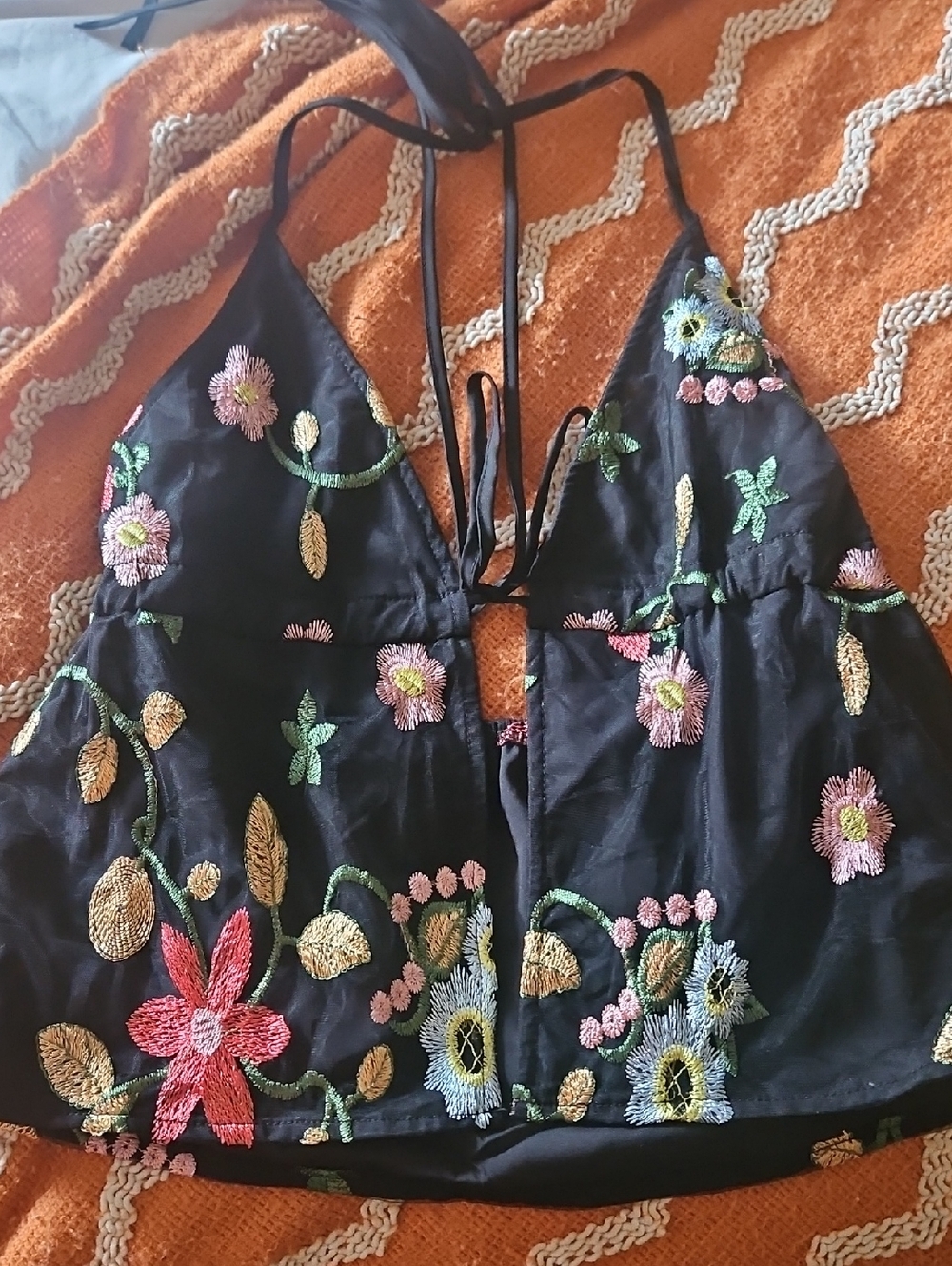 Black Embroidered Floral Halter Top